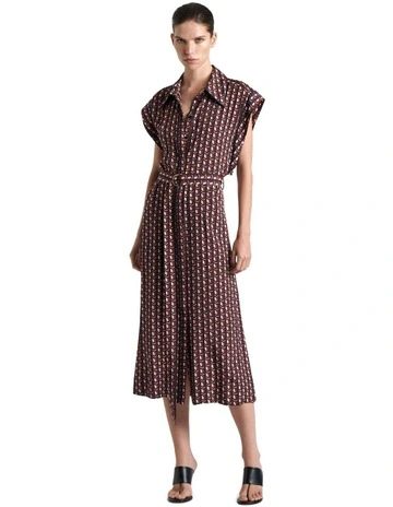 Mosaic Geo Twill Shirtdress in Dark Red