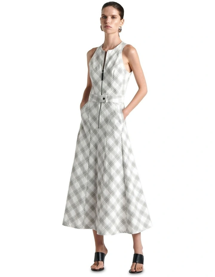 European Cotton Check Midi Dress in Cream image 1