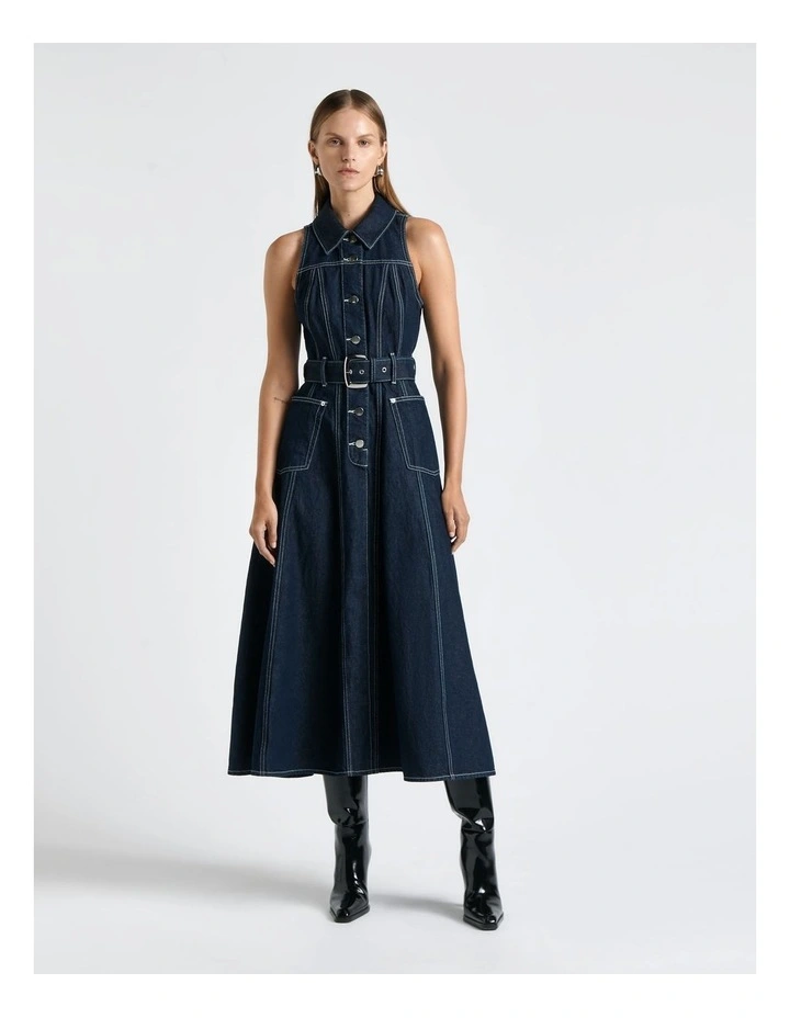 Denim Midi Dress in Dark Indigo image 1
