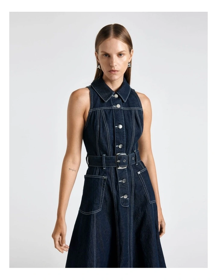 Denim Midi Dress in Dark Indigo image 2