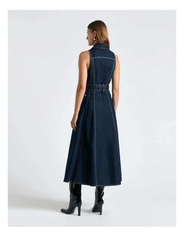 Denim Midi Dress in Dark Indigo image 3