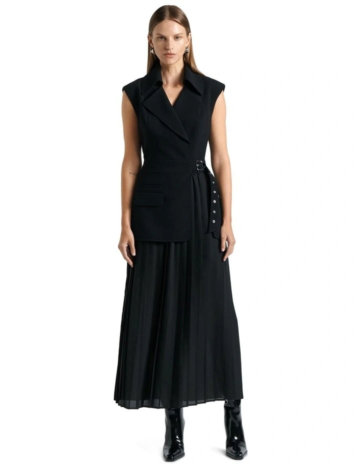 Recycled Crepe Pleated Midi Trench Dress in Black image 1
