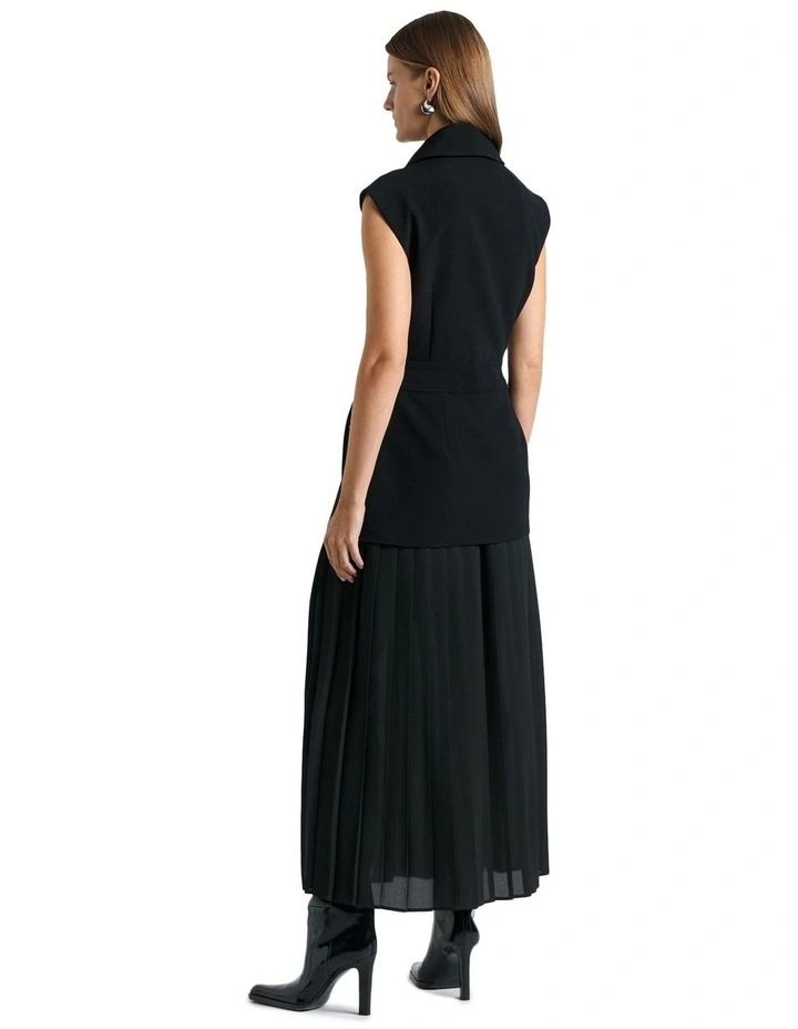 Recycled Crepe Pleated Midi Trench Dress in Black image 2