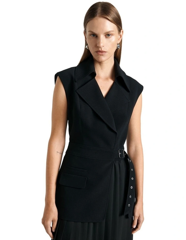 Recycled Crepe Pleated Midi Trench Dress in Black image 3