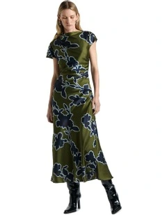 Illustrated Floral Satin Midi Dress in Green
