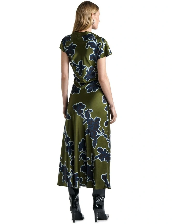 Illustrated Floral Satin Midi Dress in Green image 2