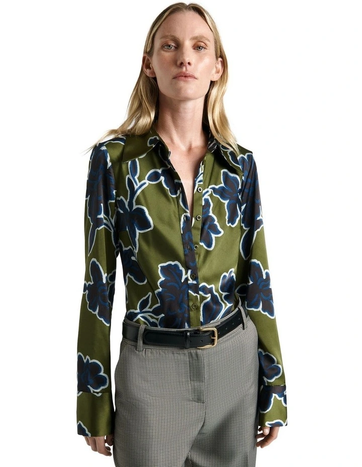 Illustrated Floral Satin Shirt in Green image 3
