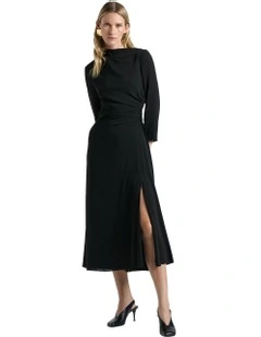 Soft Viscose Draped Shortened Sleeve Dress in Black