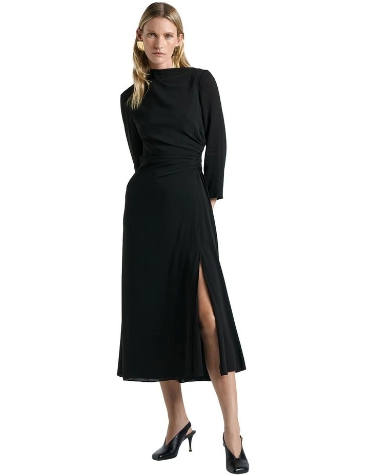 Soft Viscose Draped Shortened Sleeve Dress in Black image 1