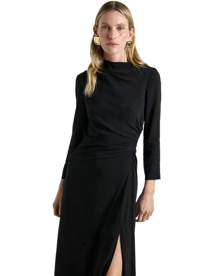 Soft Viscose Draped Shortened Sleeve Dress in Black image 3