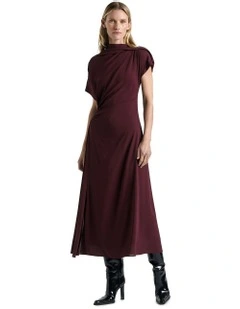 Draped Fold Neck Midi Dress in Plum