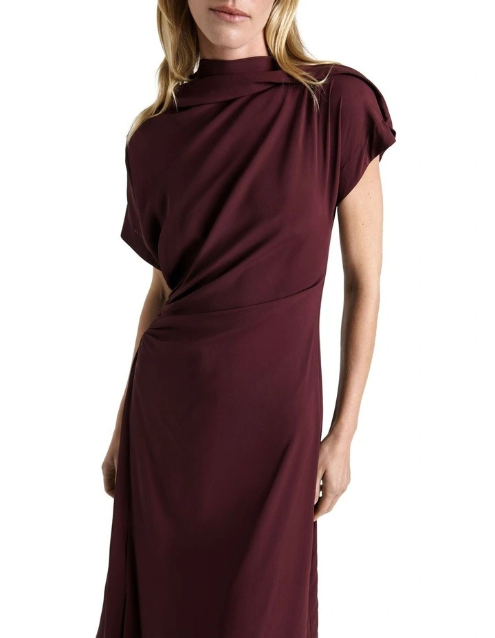 Draped Fold Neck Midi Dress in Plum image 3