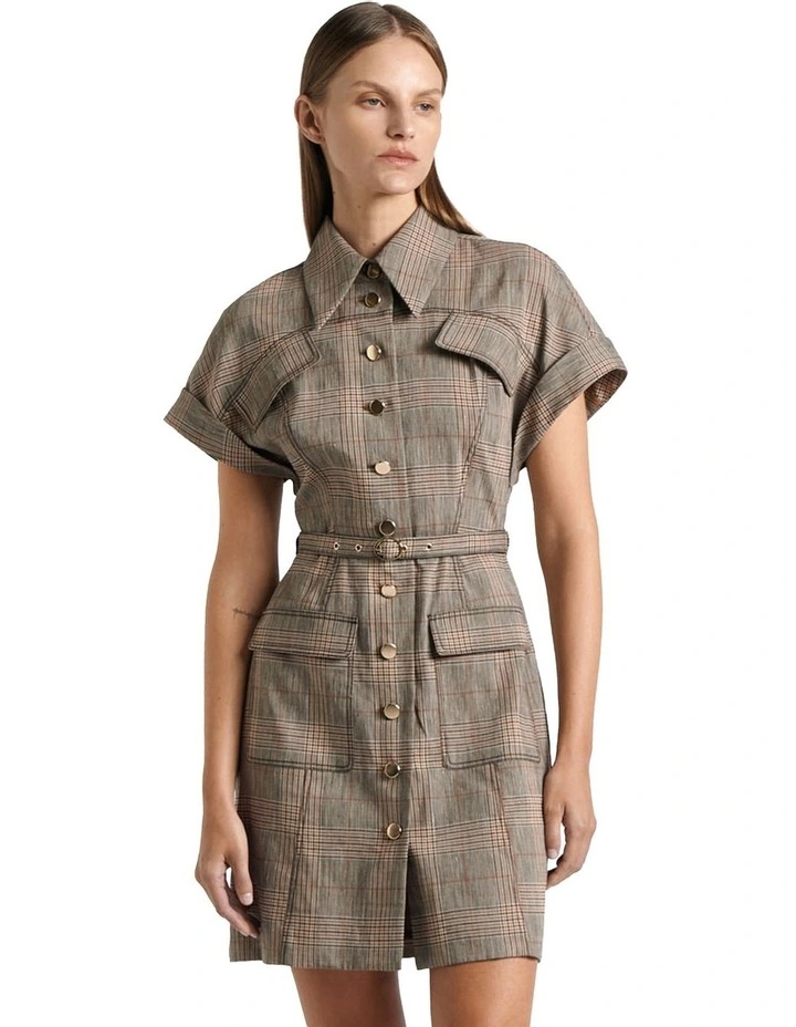 European Linen Wool Check Mini Dress in Brown image 1