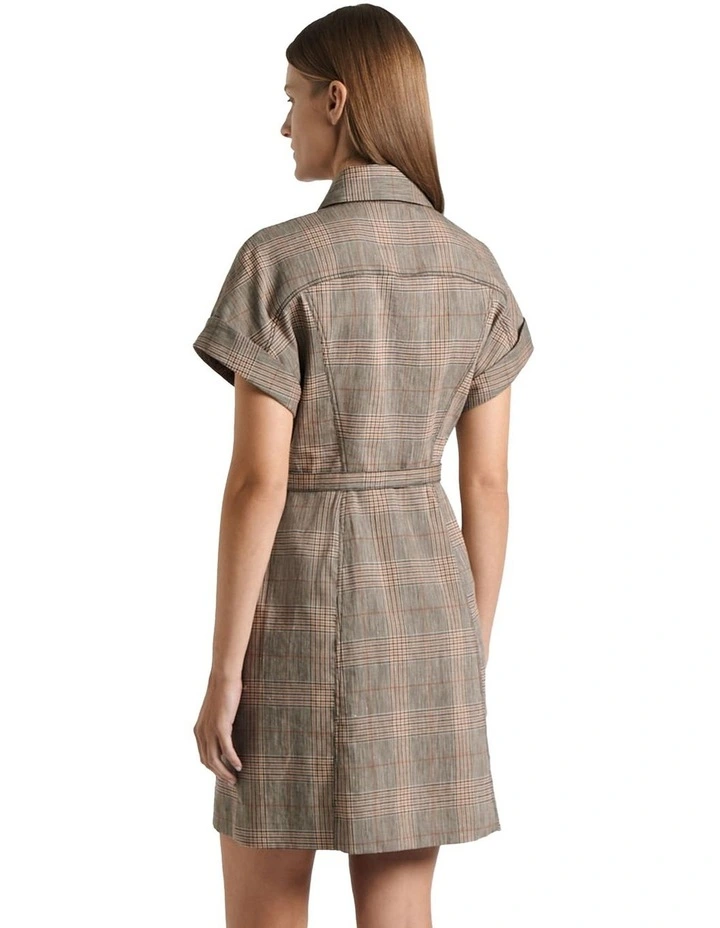 European Linen Wool Check Mini Dress in Brown image 2