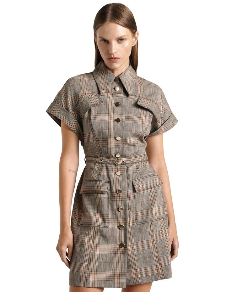 European Linen Wool Check Mini Dress in Brown image 3