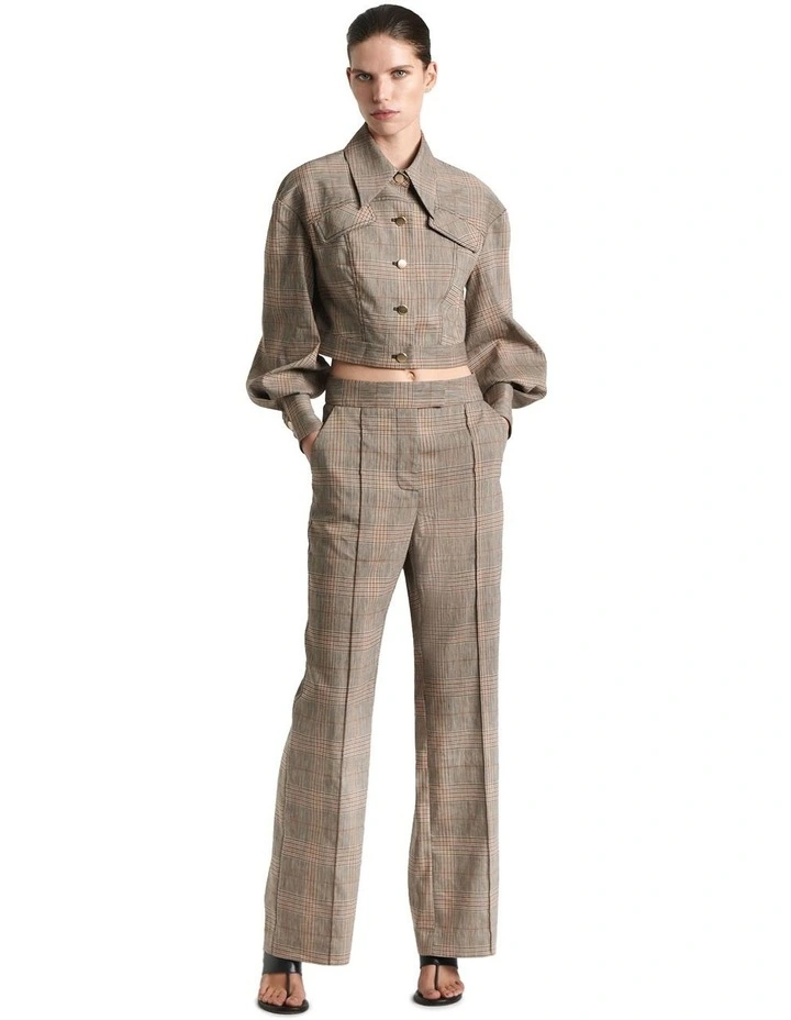 European Linen Wool Check Cropped Jacket in Brown image 1