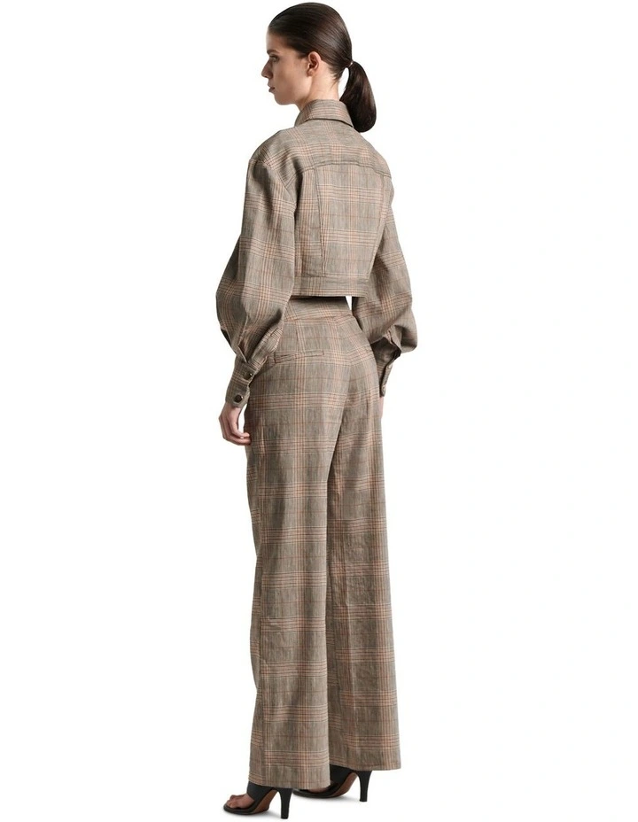 European Linen Wool Check Cropped Jacket in Brown image 2