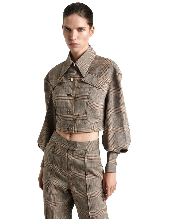 European Linen Wool Check Cropped Jacket in Brown image 3
