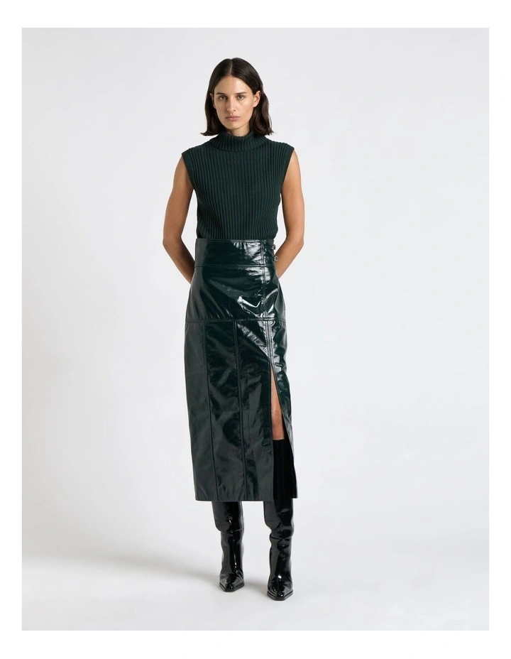 Patent Leather Stitched Midi Skirt in Forest image 1