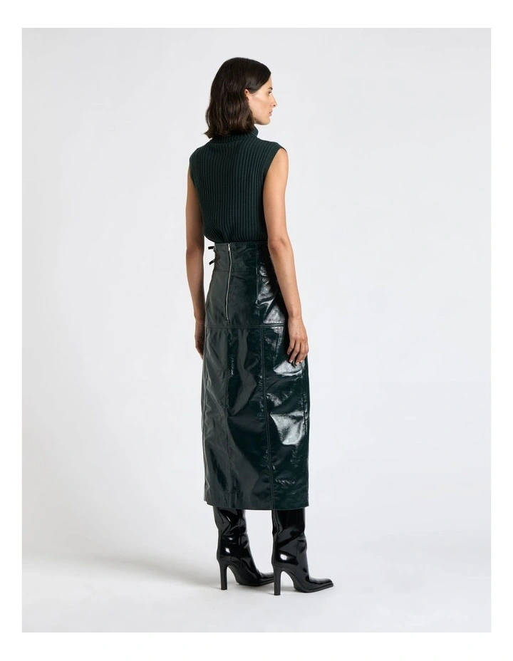 Patent Leather Stitched Midi Skirt in Forest image 2