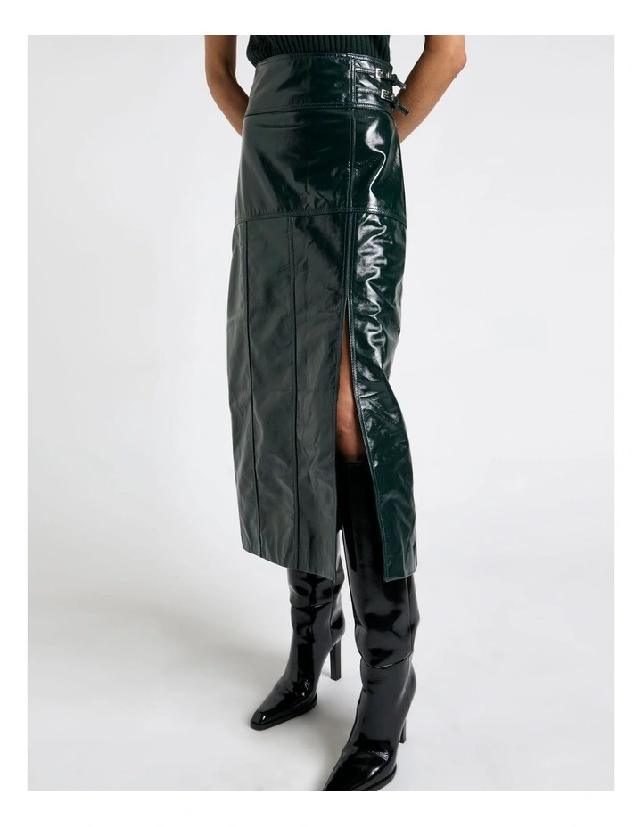 Patent Leather Stitched Midi Skirt in Forest image 3