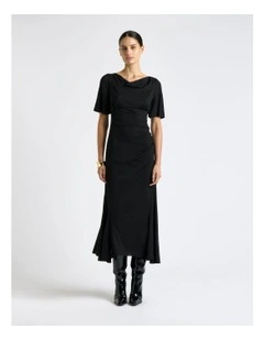 Short Sleeve Ruched Midi Dress in Black