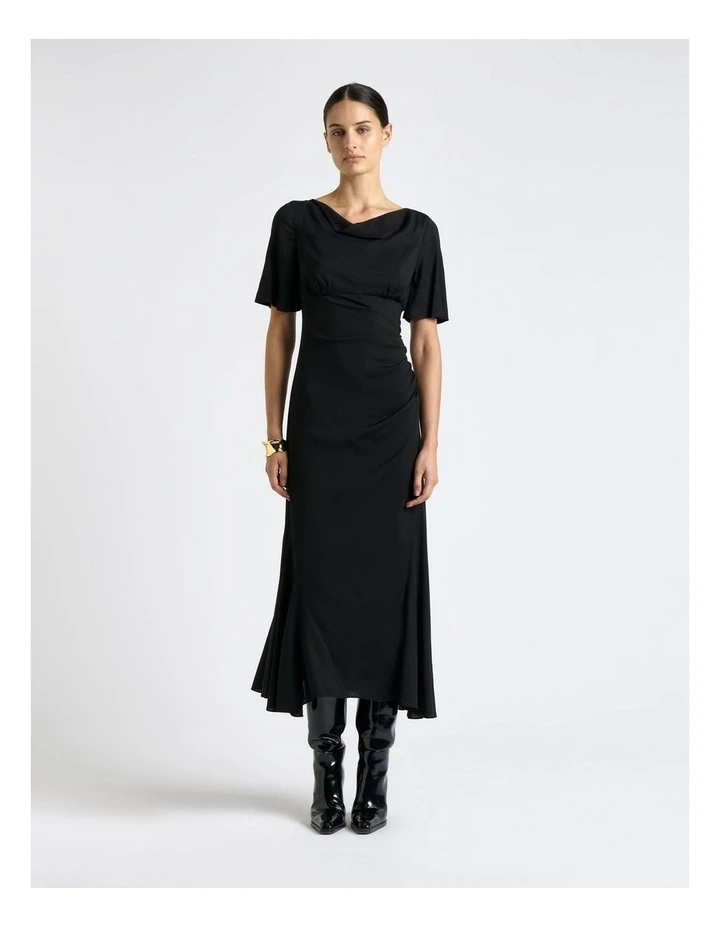 Short Sleeve Ruched Midi Dress in Black image 1