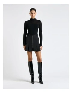 European Stretch Cotton Zip Mini Skirt in Black