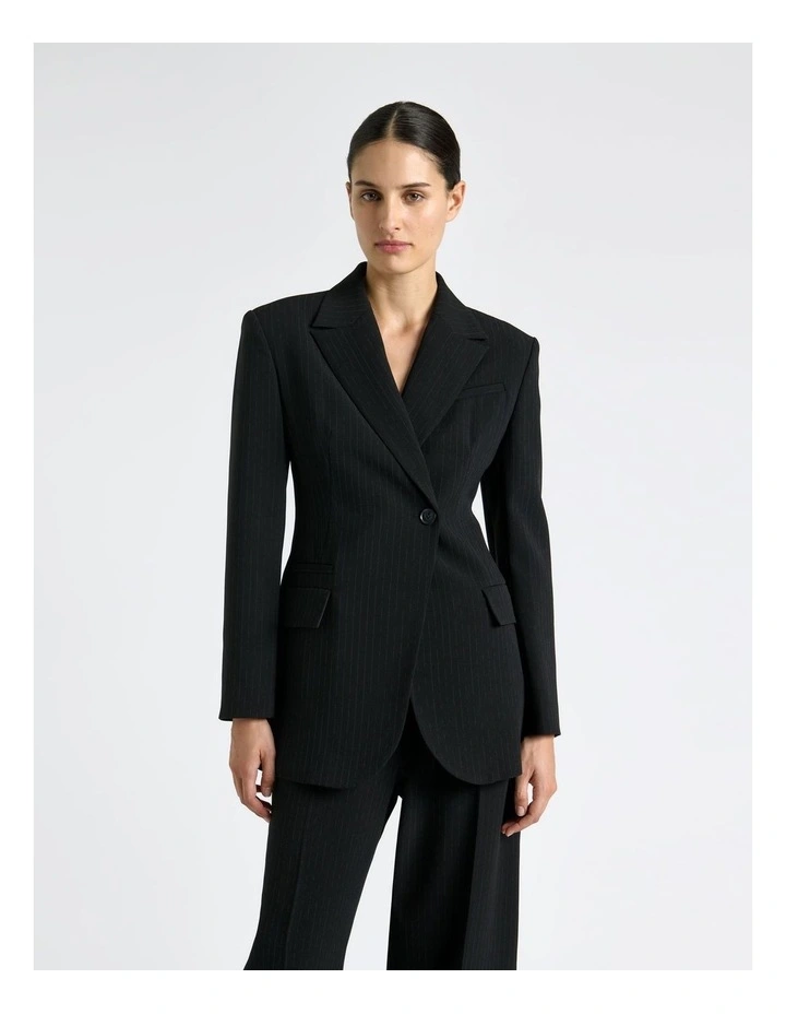 Acetate Stripe Curved Hem Blazer in Black image 3