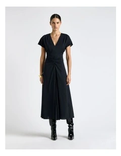 Stretch Viscose Gathered Front Midi Dress in Ink