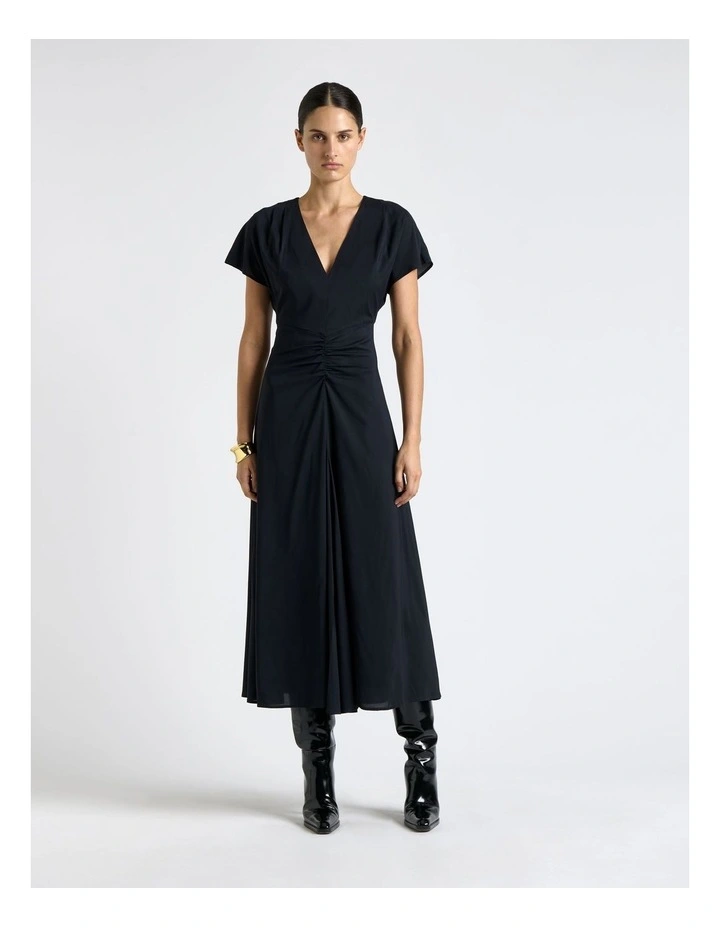 Stretch Viscose Gathered Front Midi Dress in Ink image 1
