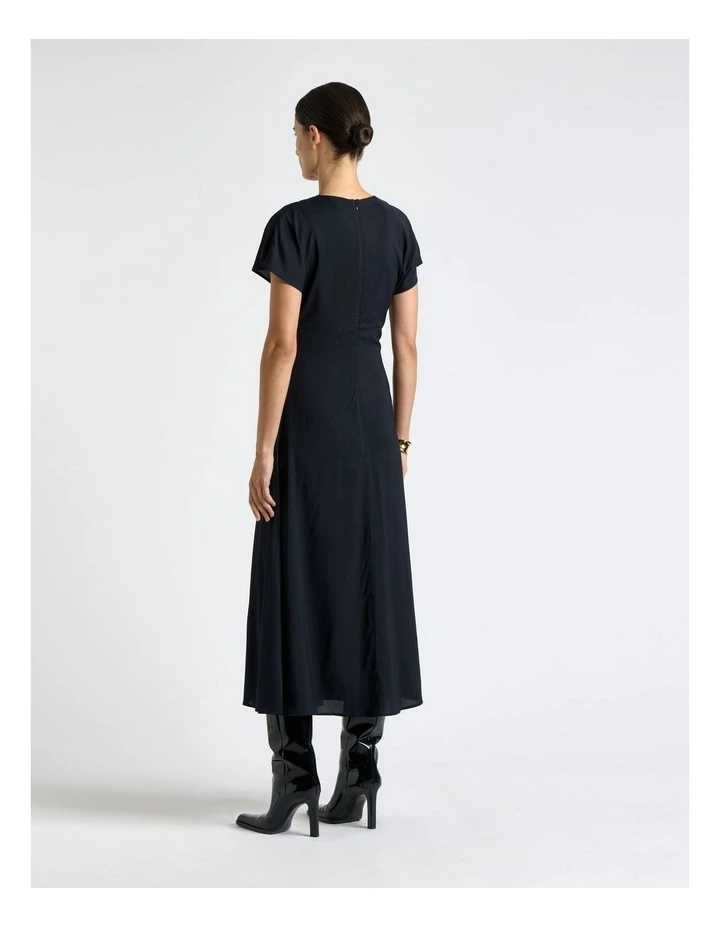Stretch Viscose Gathered Front Midi Dress in Ink image 2