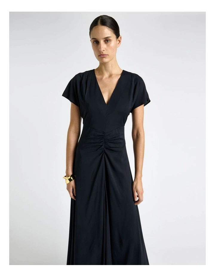 Stretch Viscose Gathered Front Midi Dress in Ink image 3