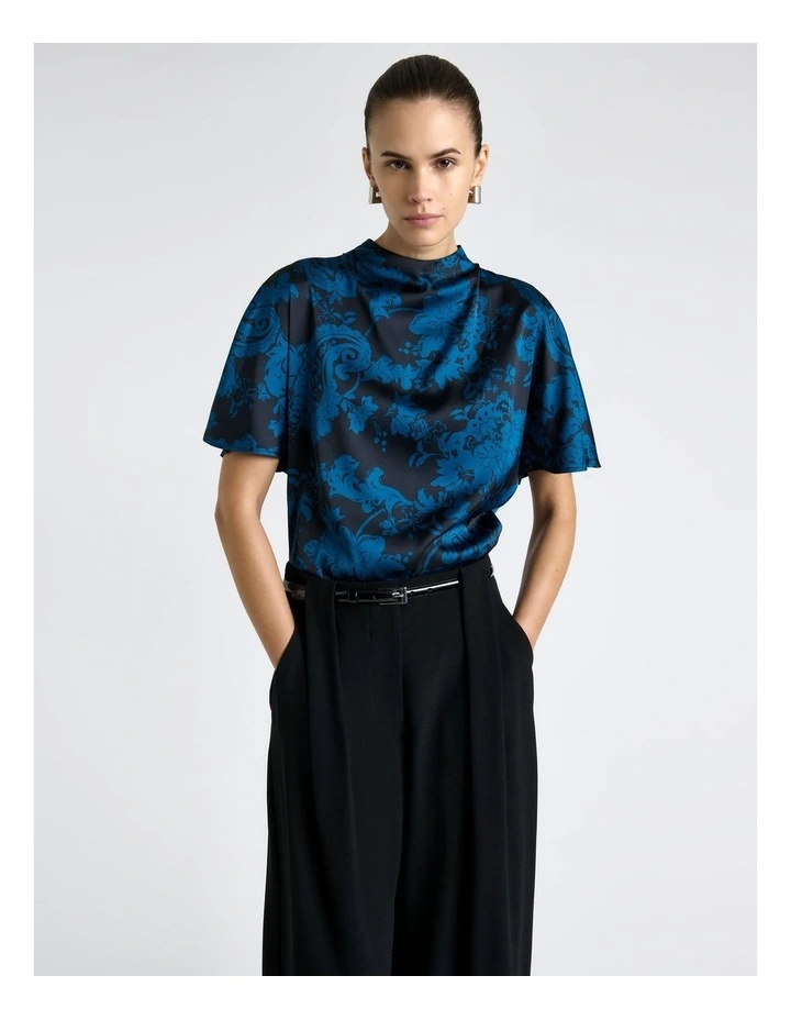 Paisley Stencil Floral Cowl Neck Top in Blue image 3