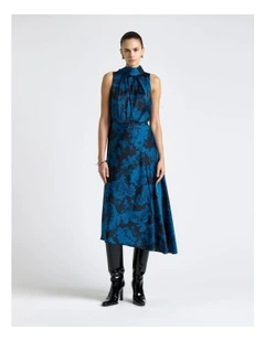 Paisley Stencil Floral Midi Dress in Blue