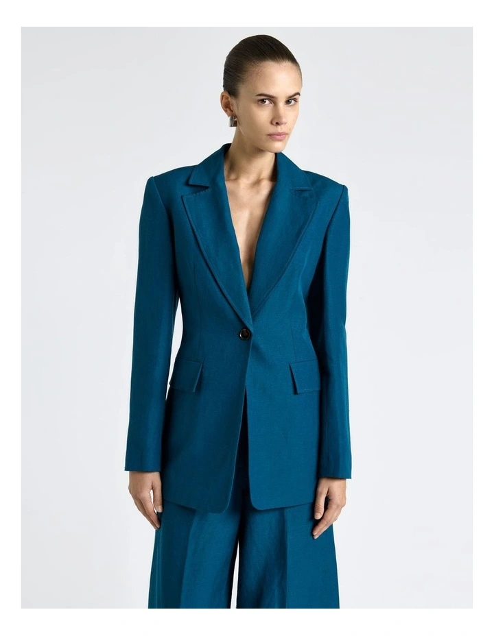 Linen Blend Hourglass Blazer in Blue image 3