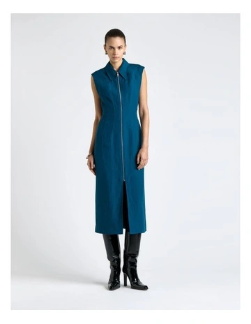 Linen Blend Panelled Midi Dress in Blue