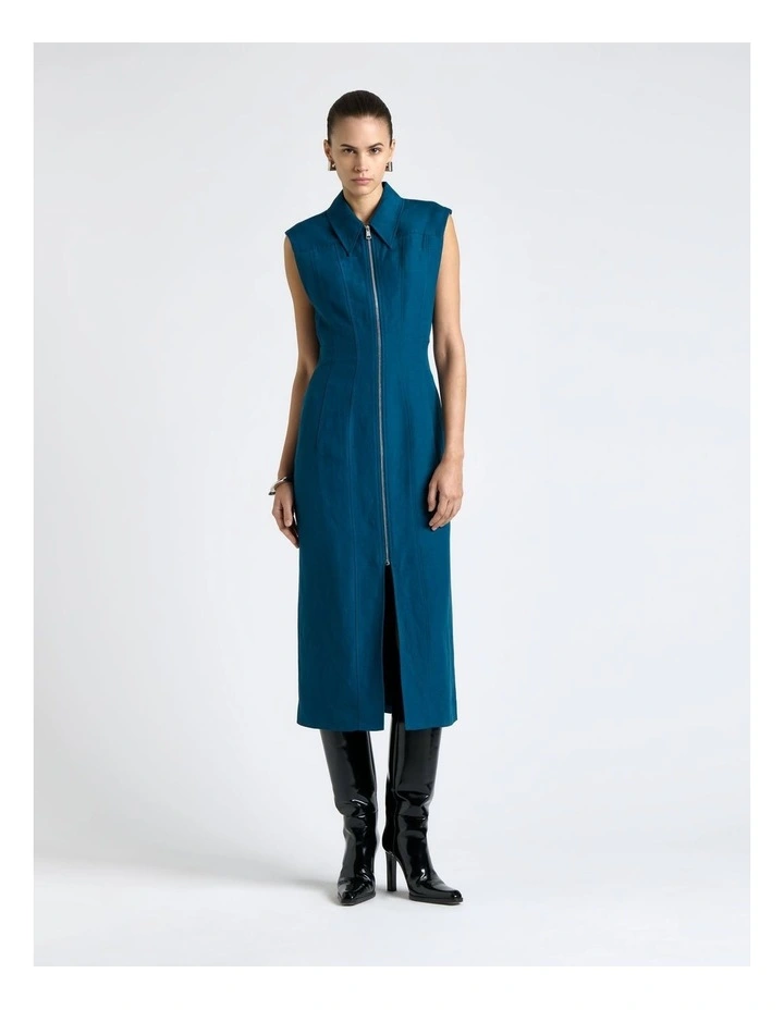 Linen Blend Panelled Midi Dress in Blue image 1
