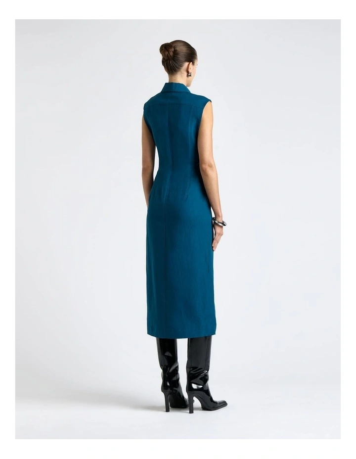 Linen Blend Panelled Midi Dress in Blue image 2