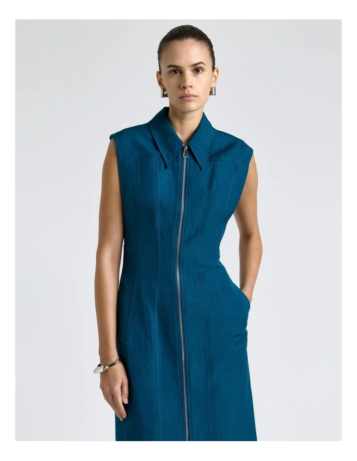 Linen Blend Panelled Midi Dress in Blue image 3