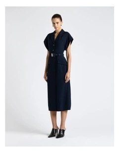 Viscose Twill Belted Midi Pencil Dress in Blue