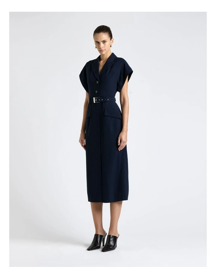 Viscose Twill Belted Midi Pencil Dress in Blue image 1