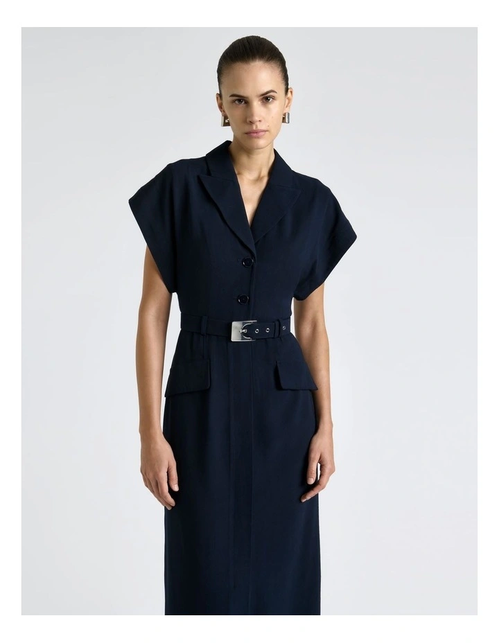 Viscose Twill Belted Midi Pencil Dress in Blue image 3