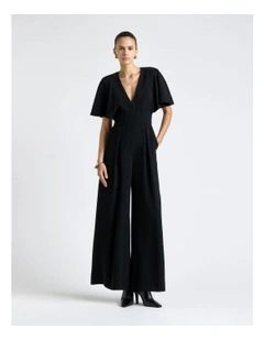Recycled Crepe Deep V-Neck Jumpsuit in Black