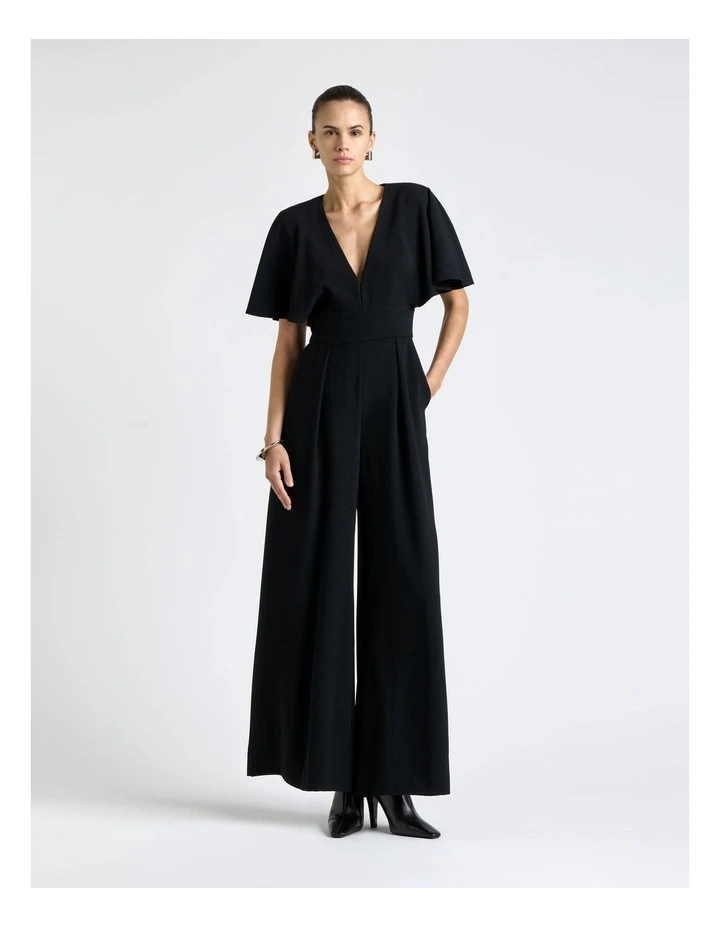 Recycled Crepe Deep V-Neck Jumpsuit in Black image 1