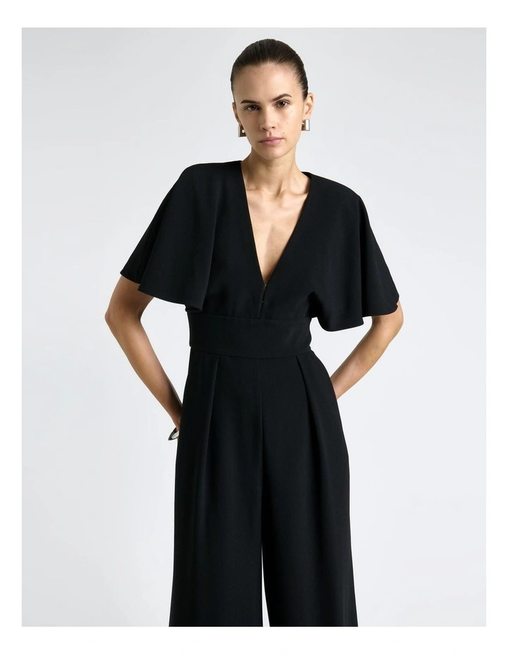Recycled Crepe Deep V-Neck Jumpsuit in Black image 3
