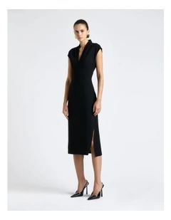 Recycled Crepe V-Neck Split Midi Dress in Black