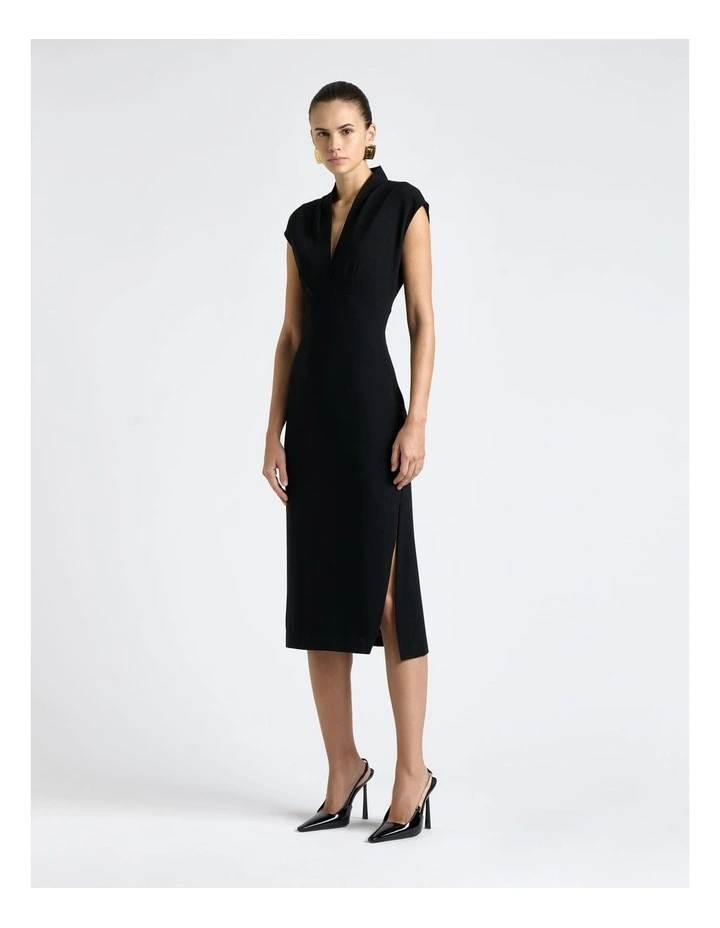 Recycled Crepe V-Neck Split Midi Dress in Black image 1