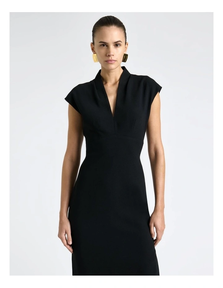 Recycled Crepe V-Neck Split Midi Dress in Black image 3