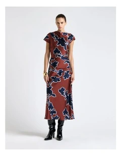Illustrated Floral Satin Midi Dress in Rosewood